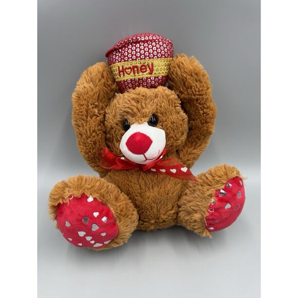 Teddy Bear Plush Holding Honey Pot Over Head 12” Stuffed Animal Toy - Picture 1 of 6